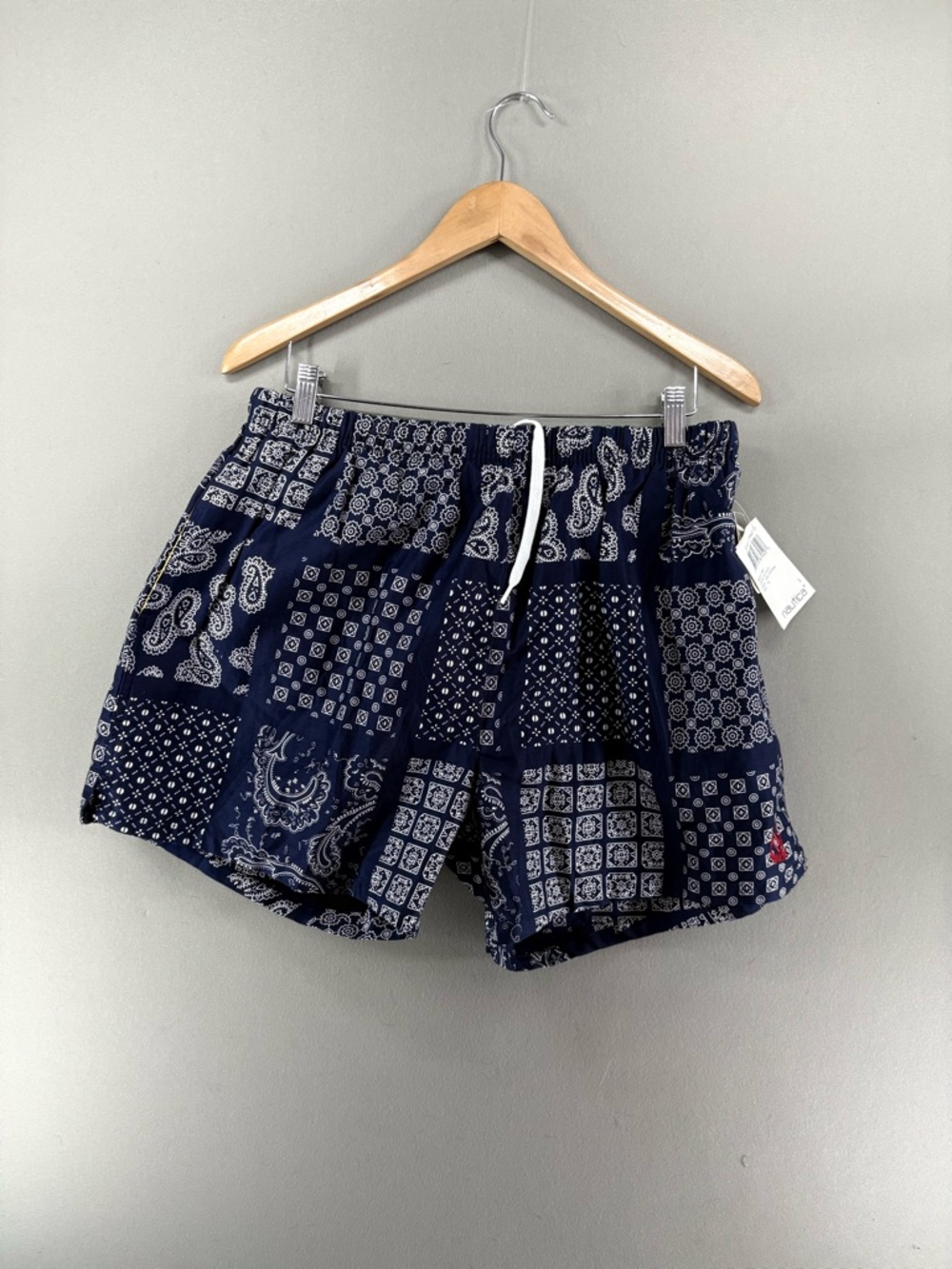 NAUTICA SURF Vtg Y2k Swim Trunks Bandana Patchwork MeshLined Pocket XL Blue